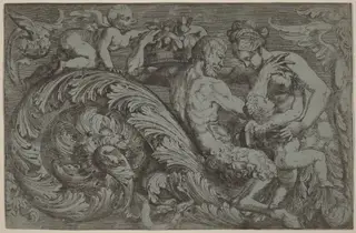 Decorative Panel with Mythological Figures, by Angelo Falconetto, ink, 1560