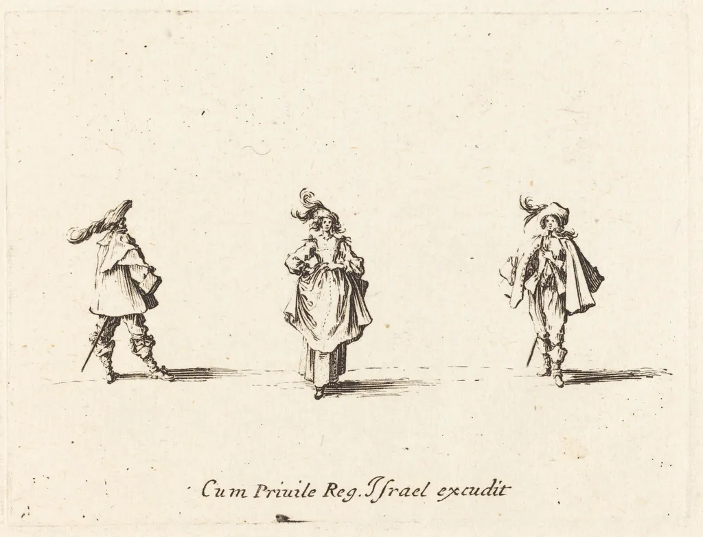 Lady with Plumes, and Two Gentlemen, by Jacques Callot, ink, 1634