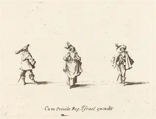 Lady with Plumes, and Two Gentlemen, by Jacques Callot, ink, 1634