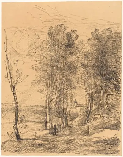 The Bell Tower of St. Nicolas-Lez-Arras (Le Clocher de St. Nicolas-Lez-Arras), by Jean Baptiste Camille Corot, ink, 1871