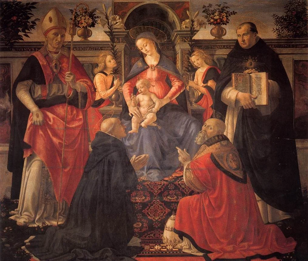 Madonna and Child Enthroned between Angels and Saints, detail