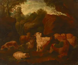 Landscape with a Shepherd and a Flock, by Cajetan Roos, oil, 1740