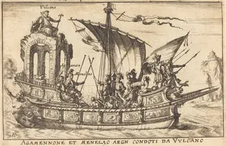 Agamennone et Menelao argn condoti da Vulcano, by Balthasar Moncornet, ink, 1634