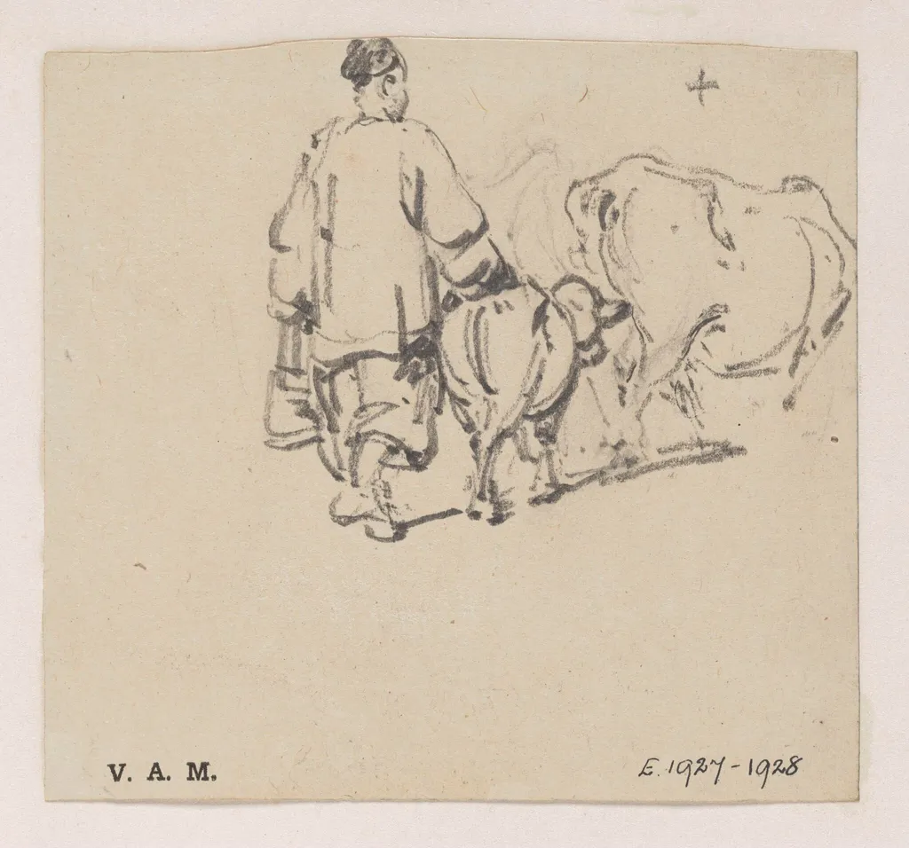 A Chinese man with a cow and calf, by George Chinnery, 19