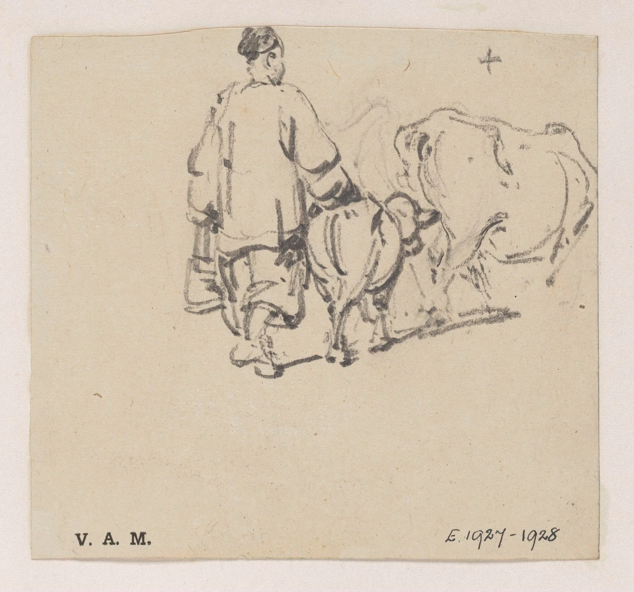 A Chinese man with a cow and calf, detail