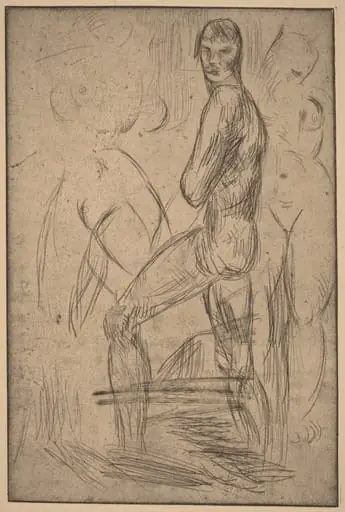 Standing Male Nude and Two Female Nudes, by Wilhelm Lehmbruck, ink, 1914