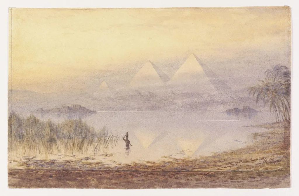 The Pyramids during the Nile Flood, by Henry Noel Shore, watercolor, 1888