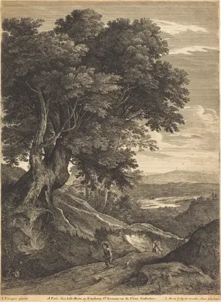 Hilly Landscape with Travelers on Foot, by Jean Morin, ink, 1625
