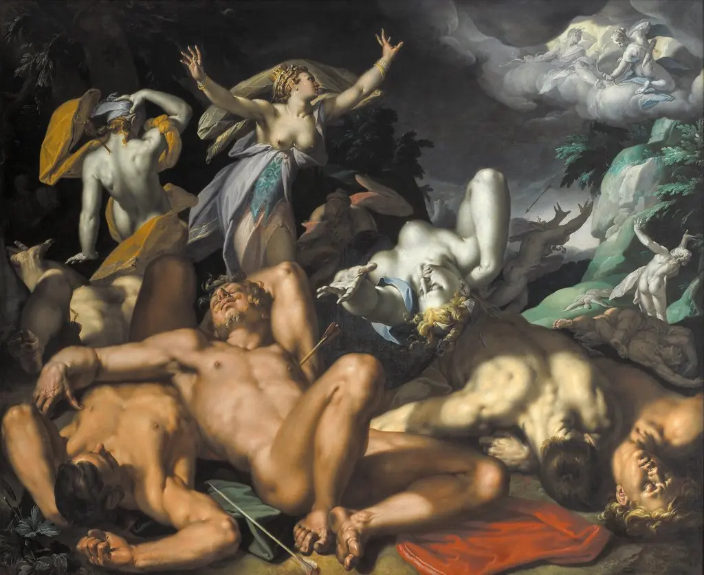 Apollo and Diana Punishing Niobe by Killing her Children, by Abraham Bloemaert, oil, 1596