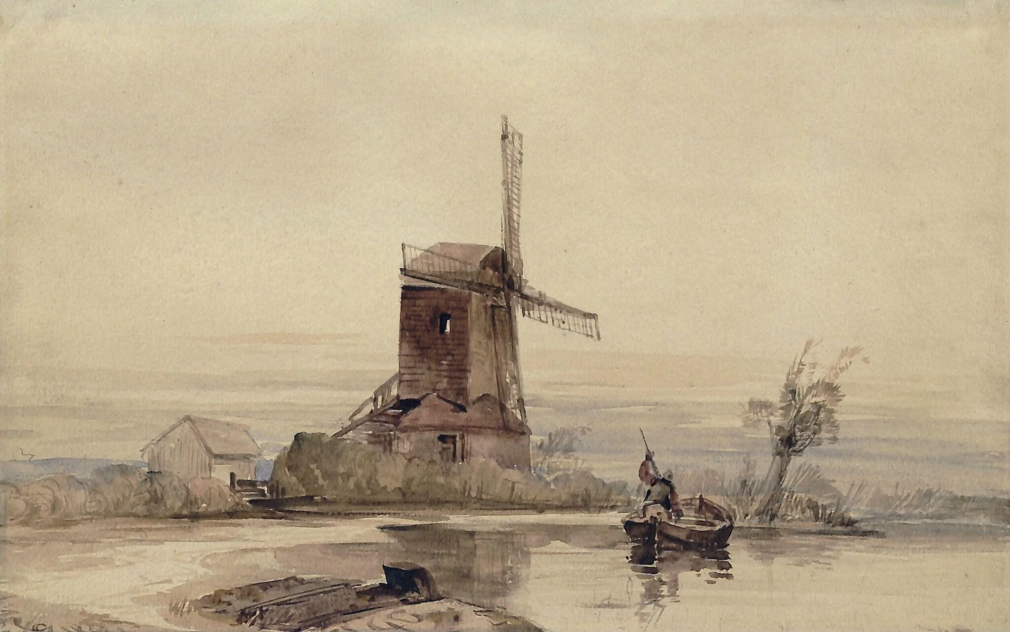 Old windmill by the side of a river, in the foreground a man in a boat, detail