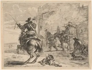 Rearing Horse near a Stable, by Dirck Stoop, ink, 1651
