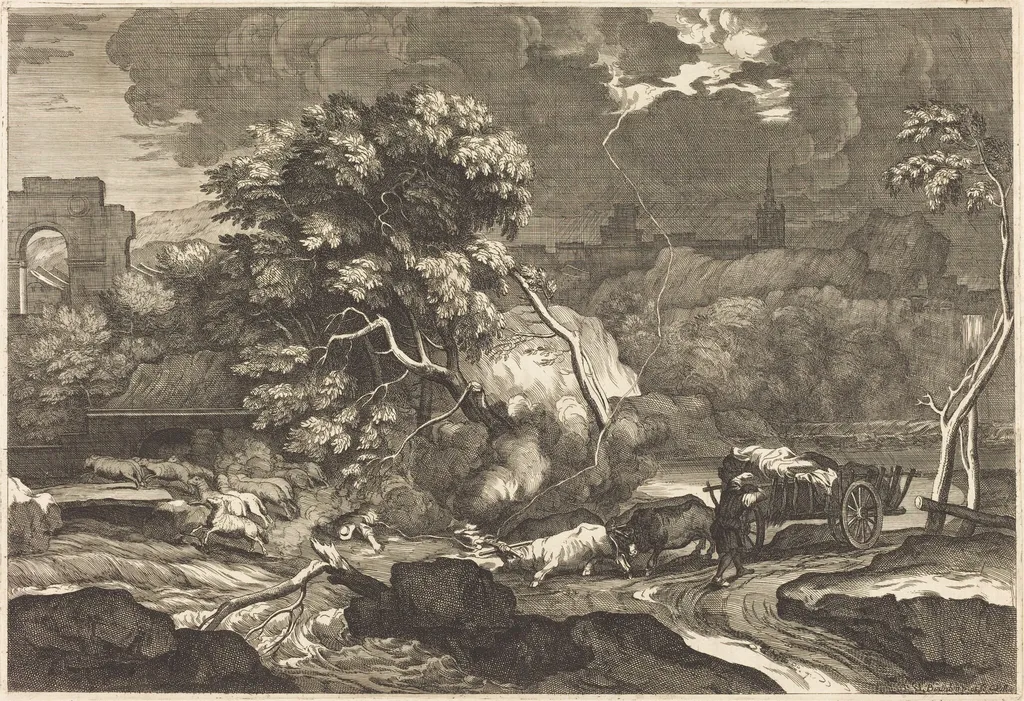 Landscape with a Frightened Waggoner, by Sébastien Bourdon, ink, 1644