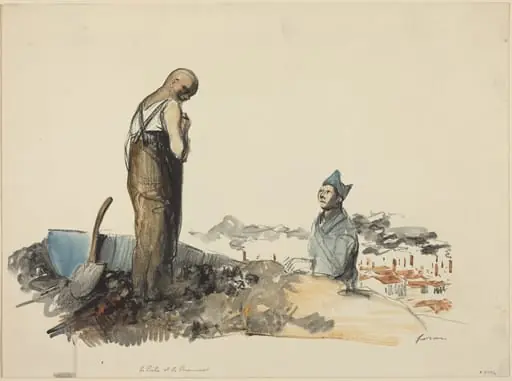 a) Le Poilu et Prisonnier (Poilu and Prisoner) (recto); b) Study of Prisoner (verso), by Jean-Louis Forain, watercolor, 1916