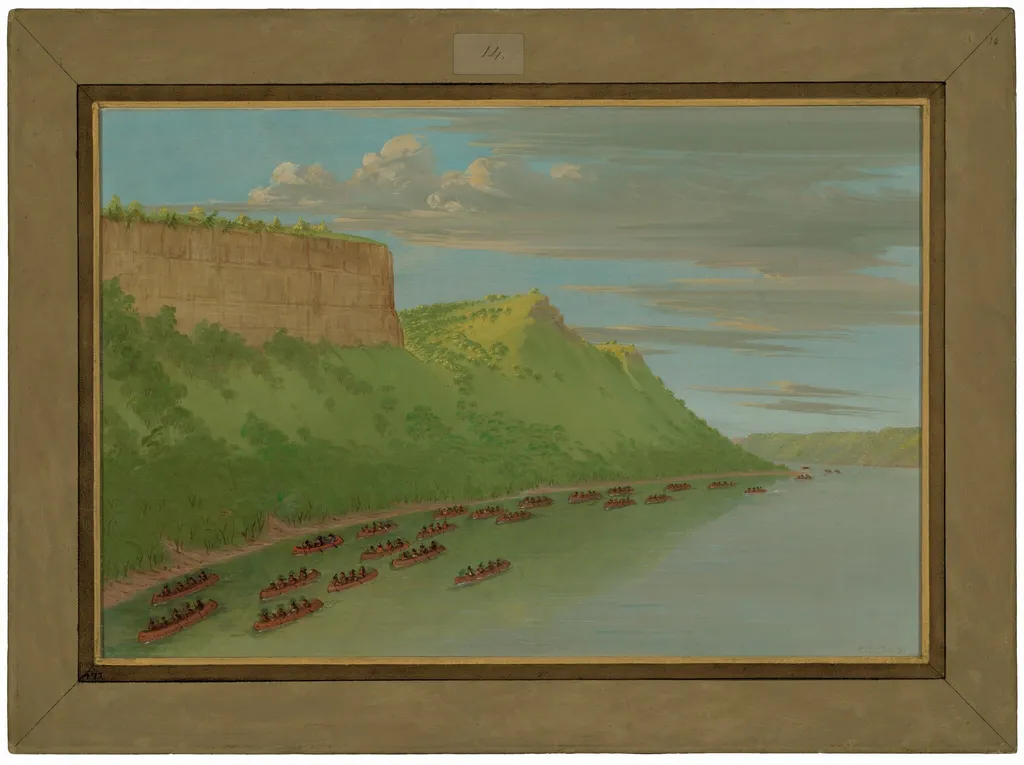 Father Hennepin and Companions Passing Lover's Leap.  April 1680, by George Catlin, oil, 1848