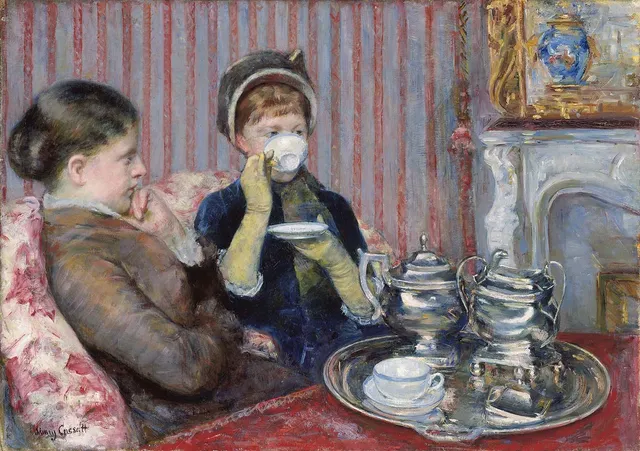 Mary Cassatt, Five O'Clock Tea. The silver service crowds the foreground while the seated women retreat; one lifts her cup across her face, and the painting keeps her expression for itself.