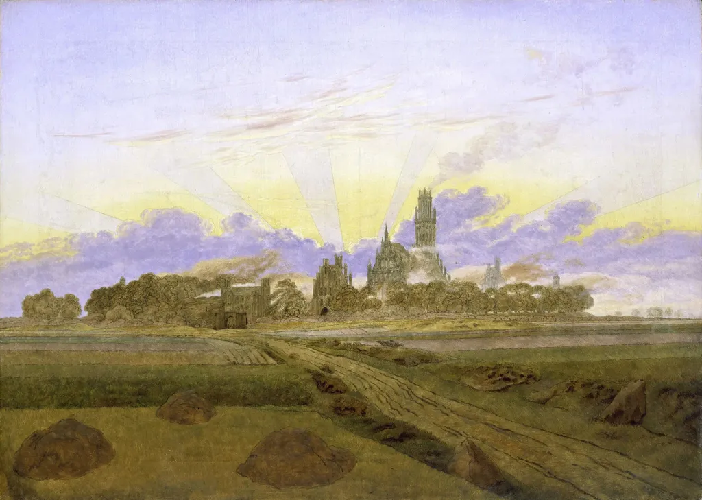 Neubrandenburg in Flames, by Caspar David Friedrich, oil, 1835