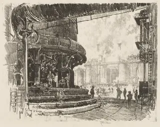 English War Work:  Making Pig Iron, The Base of the Blast Furnaces, by Joseph Pennell, 1916