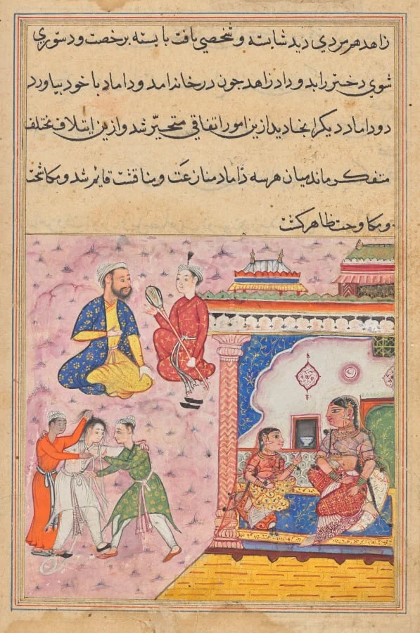 Three suitors fight amongst themselves for the hand of the devotee’s daughter, from a Tuti-nama (Tales of a Parrot): Twentieth Night, detail