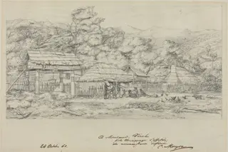 Greniers indigenes et habitations a Akaroa, presqu'Ile de Banks, by Charles Meryon, graphite, 1860