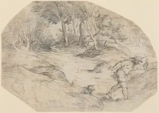 Landscape with a Man and a Dog, by Leandro Bassano, chalk, 1580