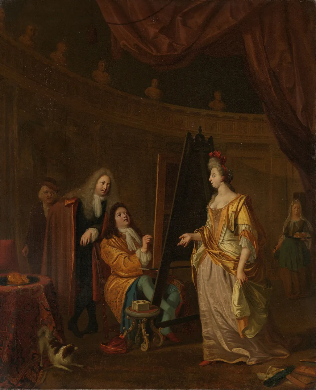 An artist in his studio, painting the portrait of a lady, by Ludolf Bakhuizen, oil, 1707