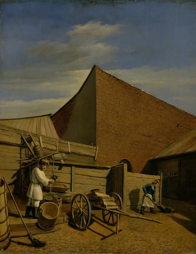 Genre Scene: In the Backyard, by Akim Bagayev, oil, 1843