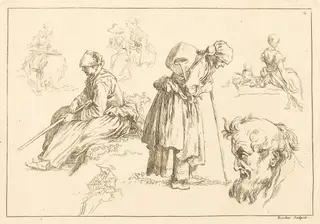 Figure Studies including Woman with a Kettle, by François Boucher, ink, 1735