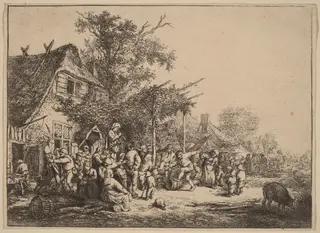 Village Kermesse with Peasants Feasting Under a Pergola, by Adriaen van Ostade, ink, 1652