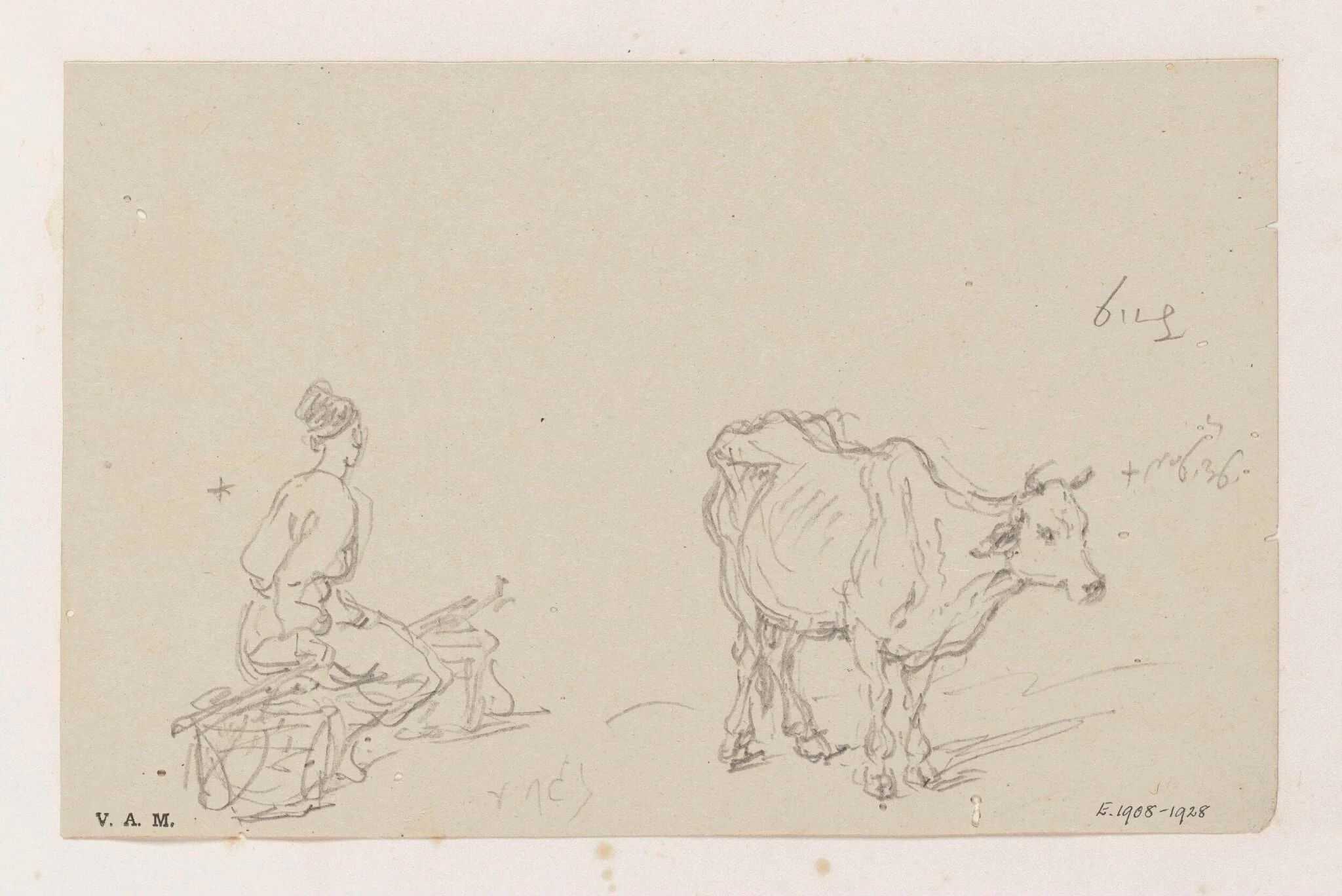 A figure seated between two baskets, and a cow, detail