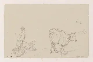 A figure seated between two baskets, and a cow, by George Chinnery, 5
