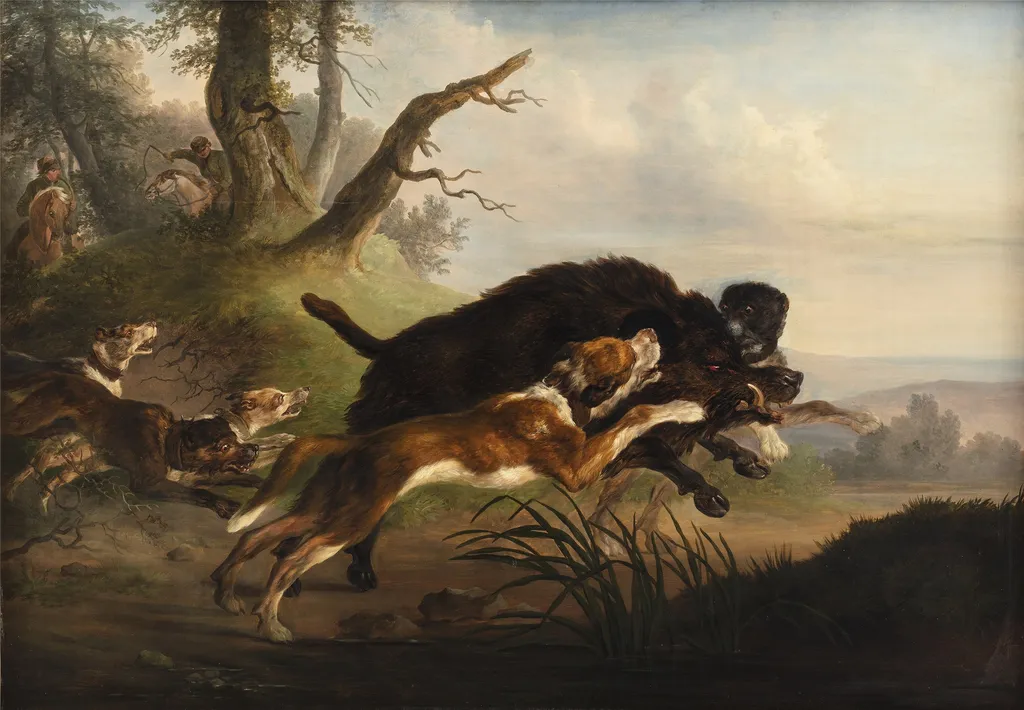 En vildsvinejagt, by Christian David Gebauer, oil, 1811