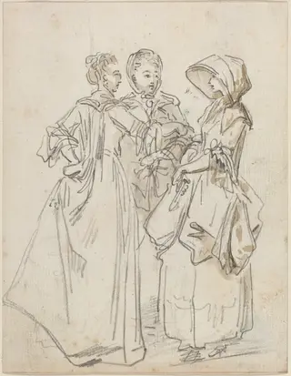 Three Ladies Chatting, by Hubert Robert, ink, 1770