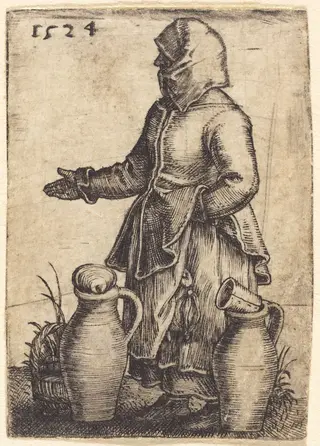 Peasant Woman with Two Jugs, by Barthel Beham, ink, 1524