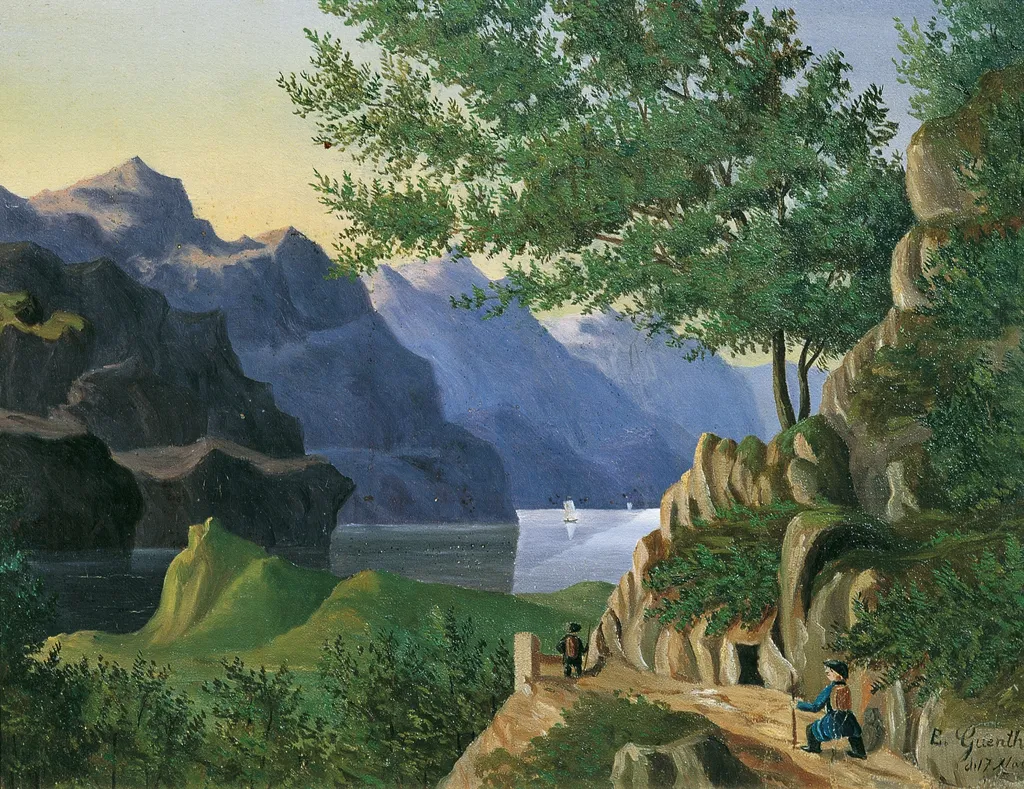 Bergsee mit Wanderer, by E. Guenther, oil, 1880