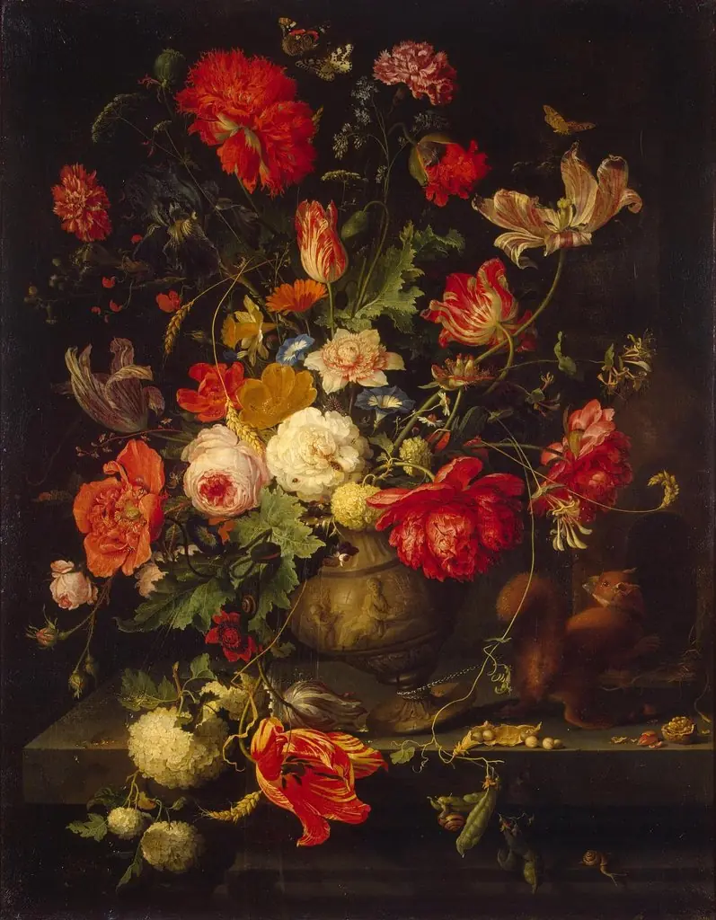 Vase of Flowers, by Abraham Mignon, oil, 1660