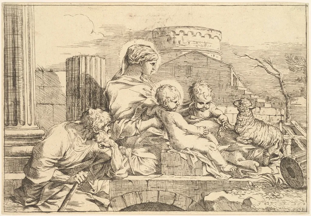 Holy Family Seated on an Arch, by Sébastien Bourdon, ink, 1647