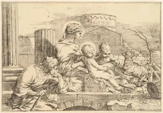 Holy Family Seated on an Arch, by Sébastien Bourdon, ink, 1647