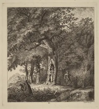 Wooded Landscape with a Nymph and a Satyr, by Salomon Gessner, ink, 1764