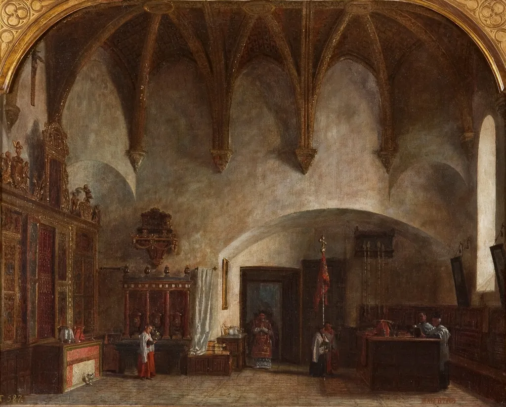 Interior de la sacristía menor en la catedral de Ávila. Salida de la misa mayor, by Pablo Gonzalvo, oil, 1874