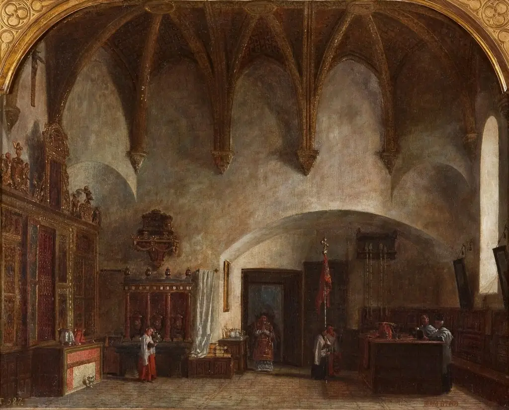 Interior de la sacristía menor en la catedral de Ávila. Salida de la misa mayor, by Pablo Gonzalvo, oil, 1874