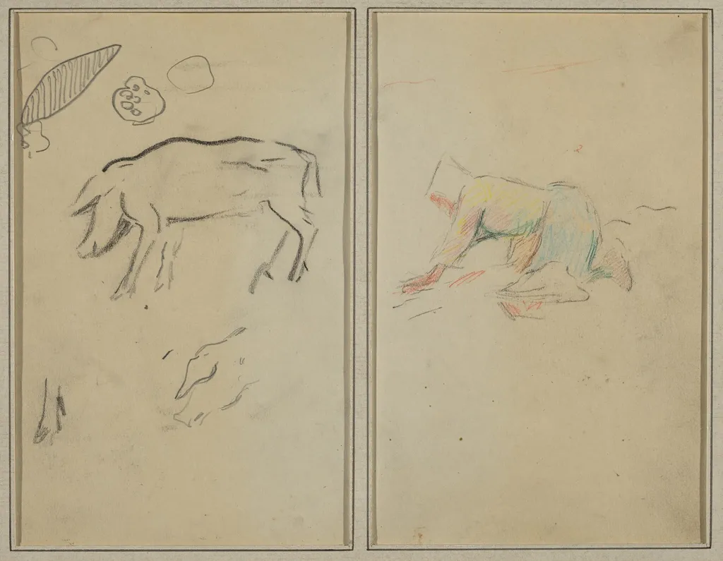 A Pig; Breton Peasant Kneeling [verso], by Paul Gauguin, graphite, 1886