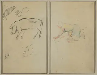 A Pig; Breton Peasant Kneeling [verso], by Paul Gauguin, graphite, 1886