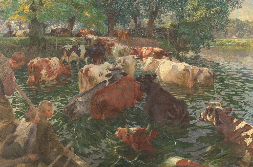 Cows crossing the Lys River, by Emile Claus, oil, 1900