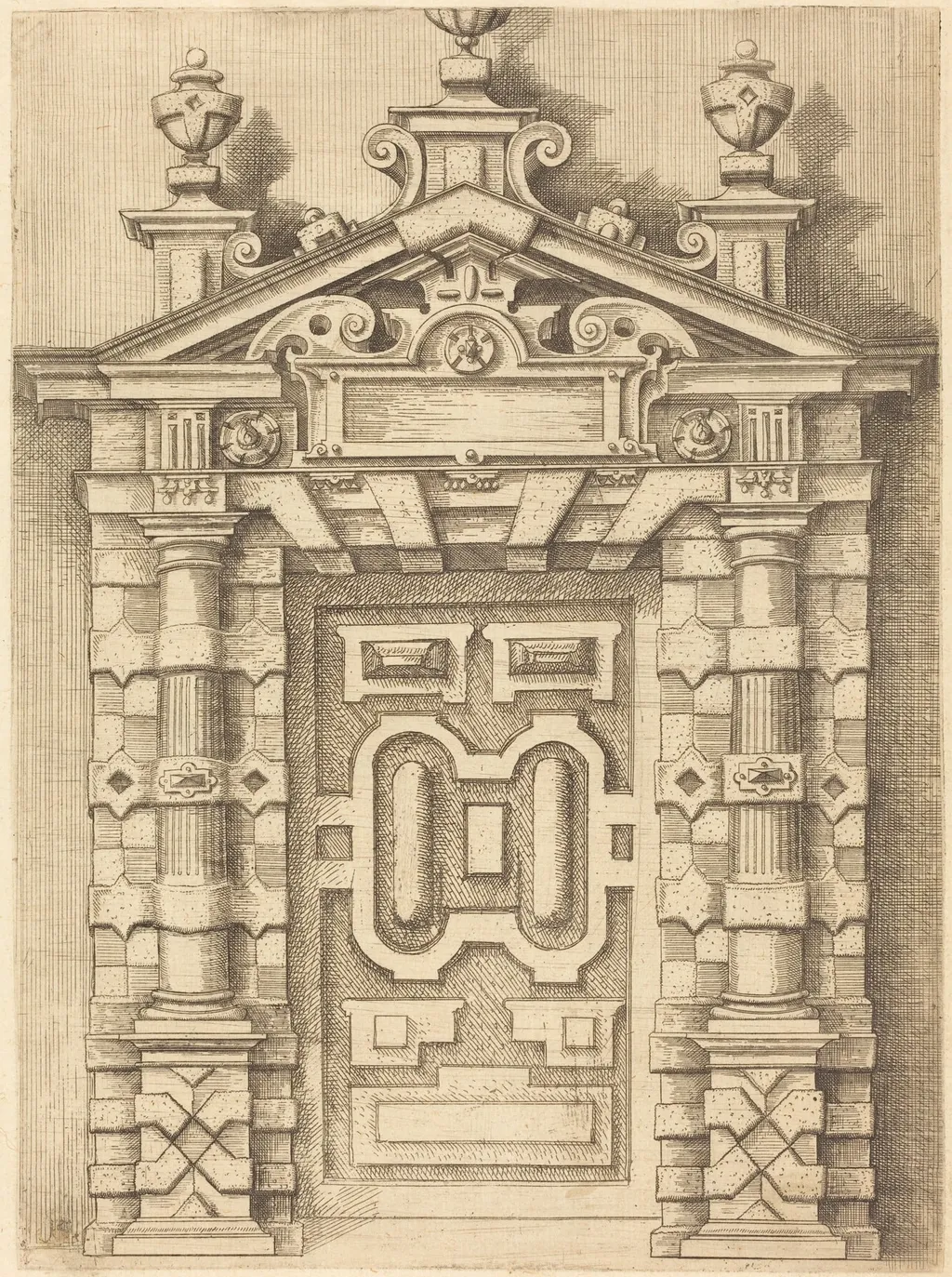 Pedimented Doorway, by Wendel Dietterlin, ink, 1594