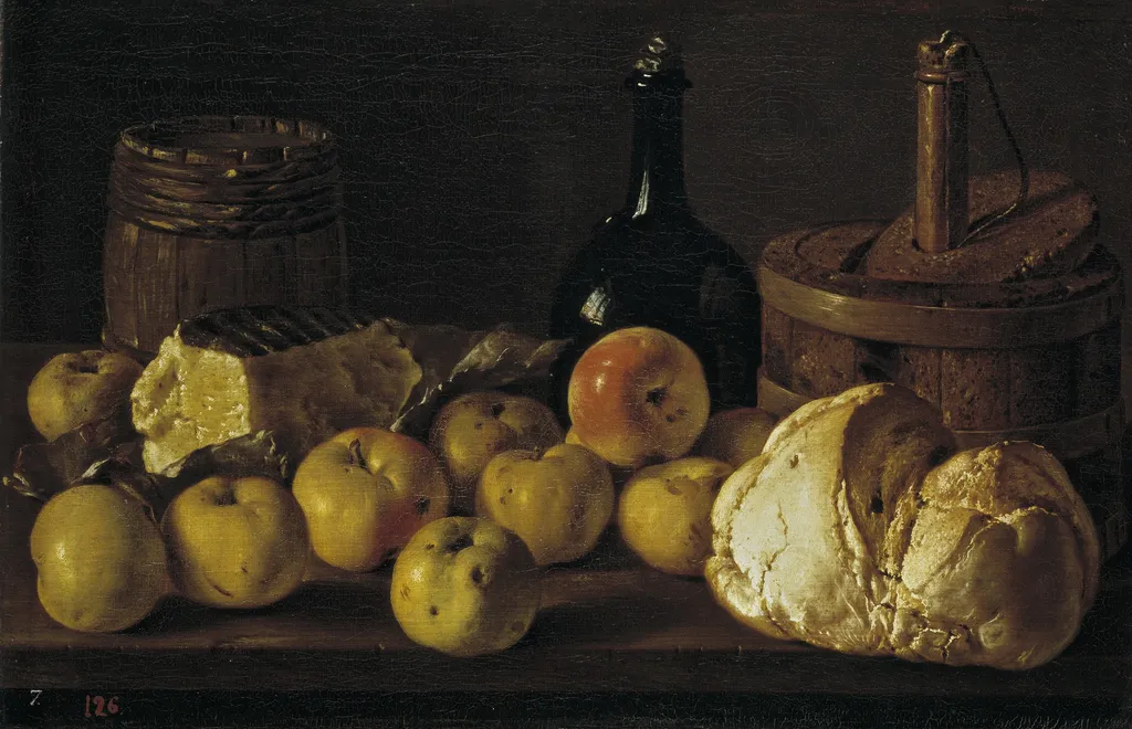 Bodegón con manzanas pan queso y recipientes, by Luis Egidio Meléndez, oil, 1772