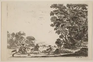 Forest with Deer Hunt, by Stefano Della Bella, ink, 1642