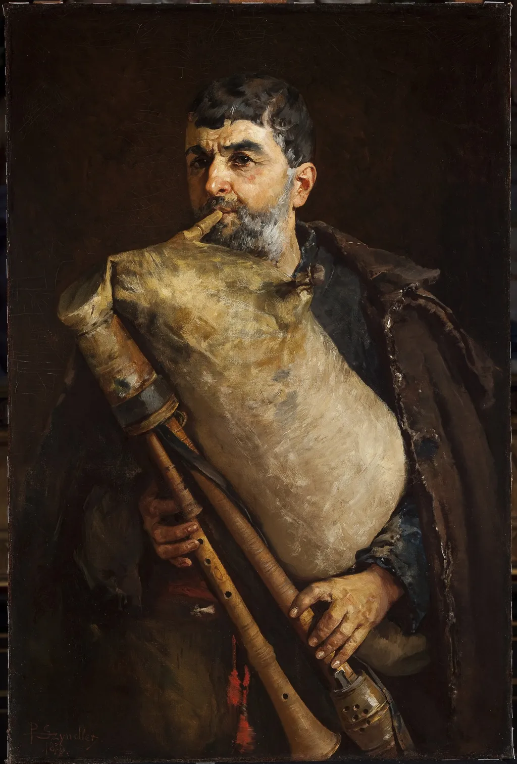 Bagpipe Player, by Pantaleon Szyndler, oil, 1890