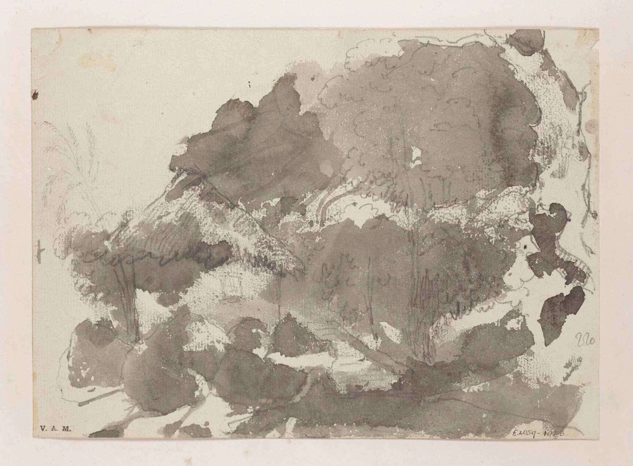 A thatched dwelling amid trees, Bengal, detail