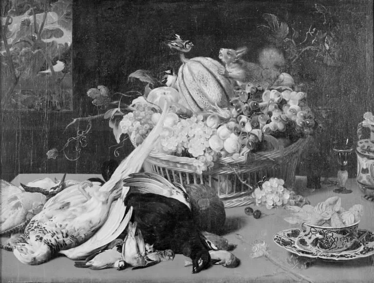 Still Life with Small Game, Basket of Fruit, Goldfinches and a Squirrel, detail