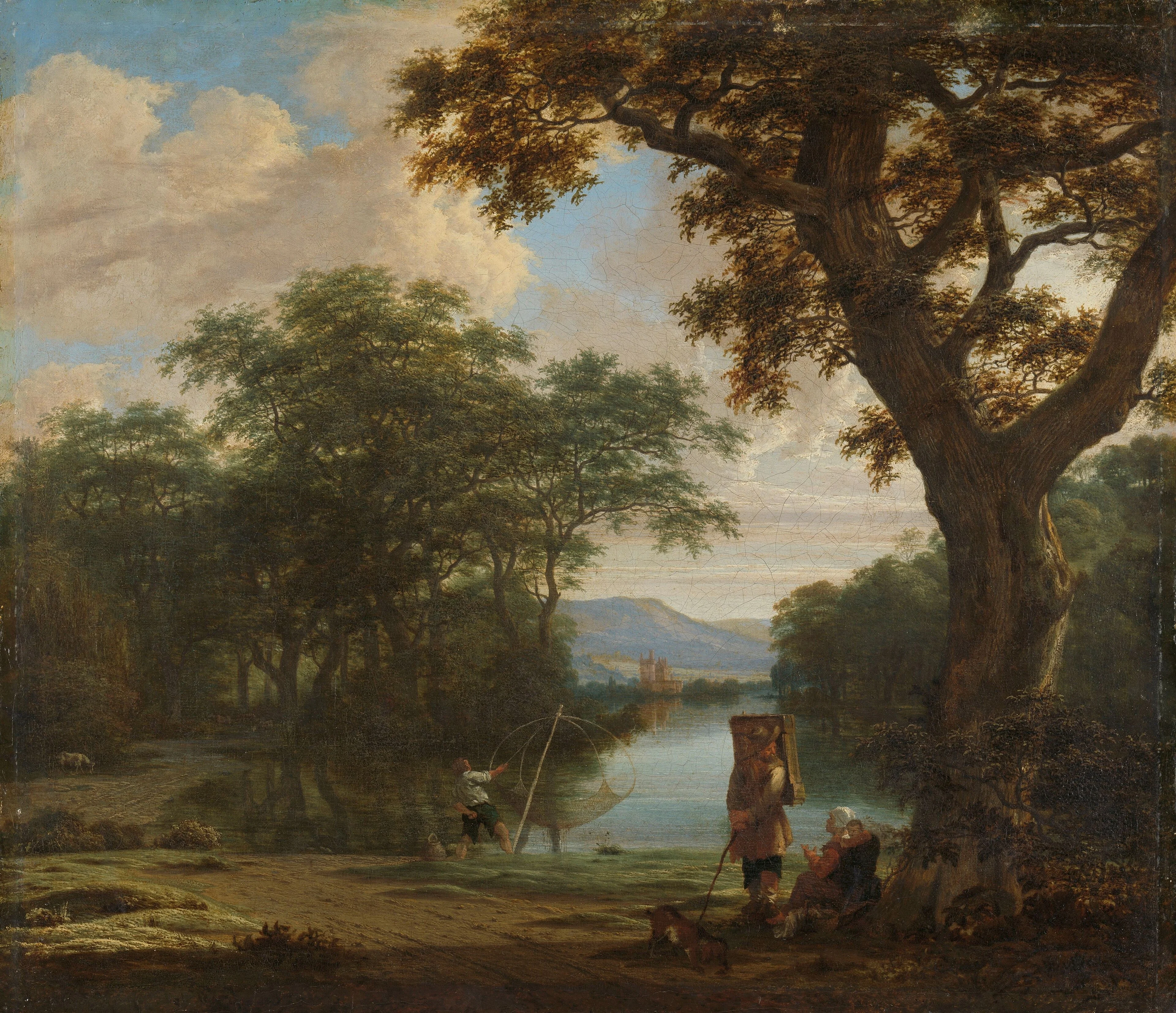 Landscape with fisherman with a square net, detail